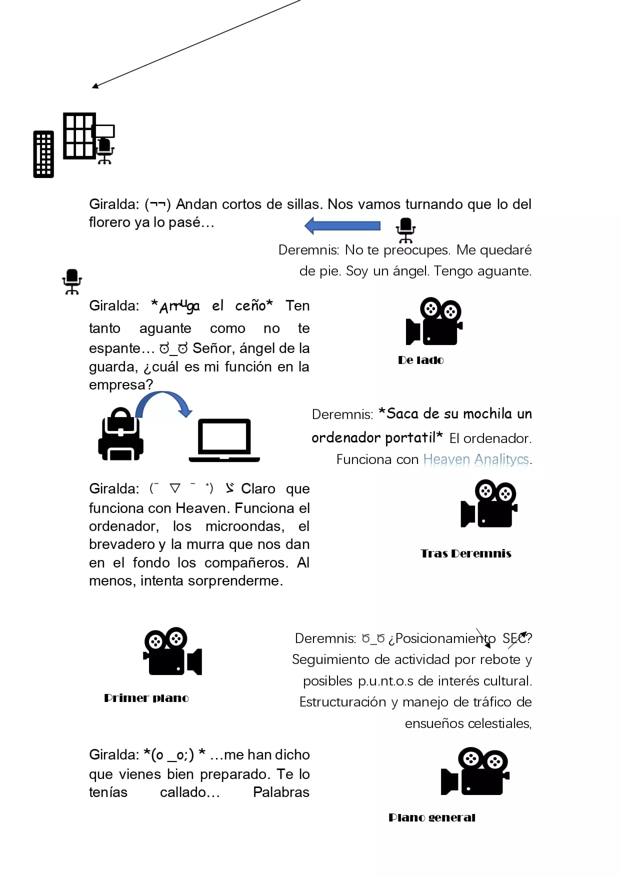 Se instalan y Giralda le pregunta por lo que tiene que hacer exactamente. Él le dice que el ordenador funciona con Heaven Analytics. Ella se burla respondiendo que hasta el microondas funciona
                                                                                                                    con Heaven. Él le añade una lista de palabros raros para callarle la boca, que así está más guapa.